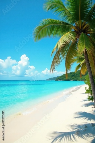 Turquoise water laps white sand beach Palm trees sway gently in breeze , water, texture, beach background
