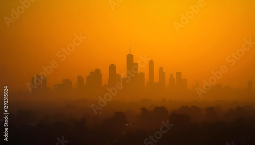 An invisible city skyline in the distance, through dense wildfire haze