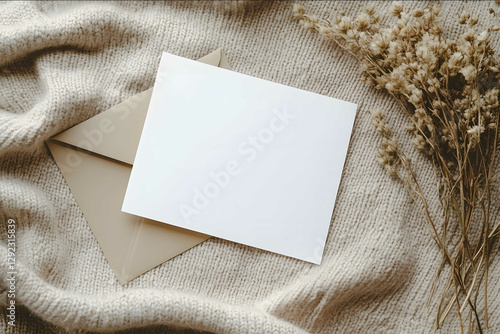 A blank white greeting card with an envelope next to it on the table is a beige knitted sweater and some dried flowers on a beige background in a minimalistic de photo