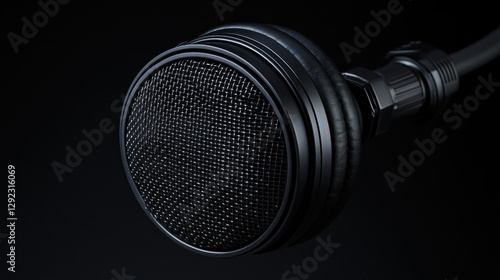 Close-up of a black microphone against a dark background photo