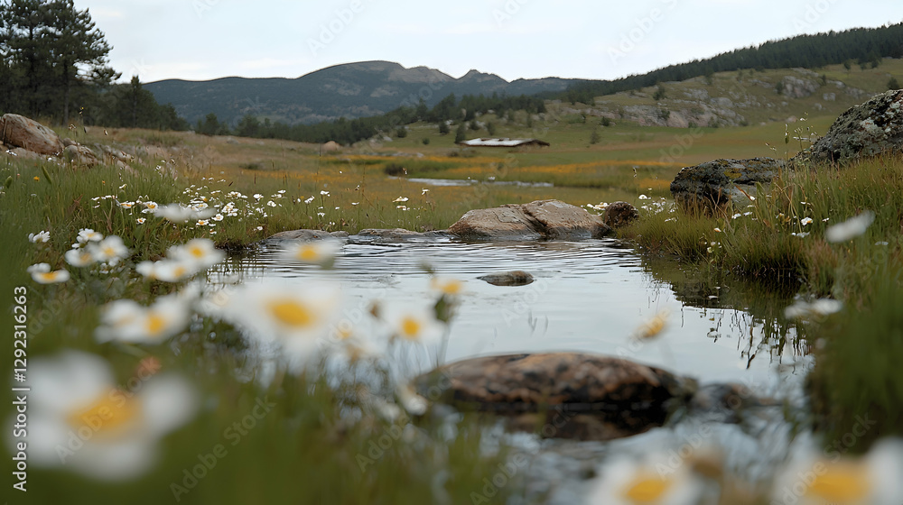 Mountain meadow stream daisies; tranquil landscape Mountain meadow stream daisies; tranquil landscape