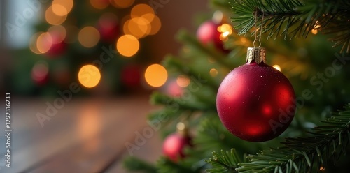 Classic Christmas tree, presents, red ball bokeh , joyful, pine tree, holiday