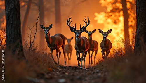 A group of deer running away from an approaching wildfire in the forest