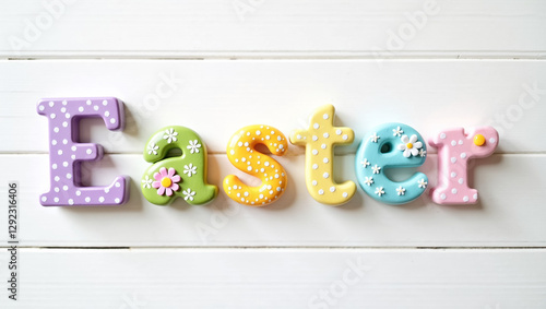 Colorful letters spelling Easter are arranged on a clean white surface. Each letter is uniquely decorated, showcasing pastel colors and floral designs