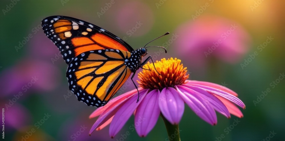 Monarch butterfly on bright purple coneflower, dew drops visible , butterfly, plant Monarch butterfly on bright purple coneflower, dew drops visible , butterfly, plant