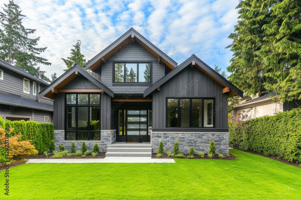 Modern house with large windows, lush garden, and contemporary design situated in a tranquil suburban neighborhood under a bright sky Modern house with large windows, lush garden, and contemporary design situated in a tranquil suburban neighborhood under a bright sky