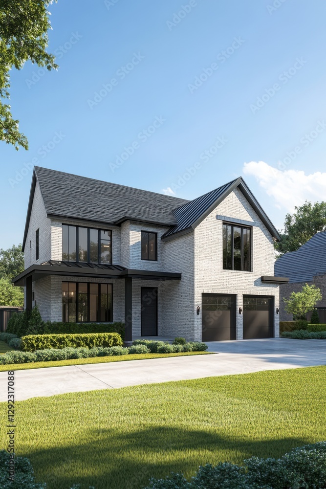 Modern two-story house with sleek design and spacious yard situated in a suburban neighborhood under a blue sky on a sunny day Modern two-story house with sleek design and spacious yard situated in a suburban neighborhood under a blue sky on a sunny day