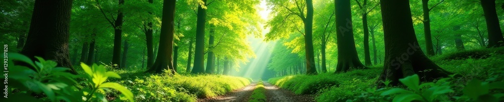 Obraz premium Vibrant green canopy, sunlight dappled forest floor, lush, biodiversity, pattern