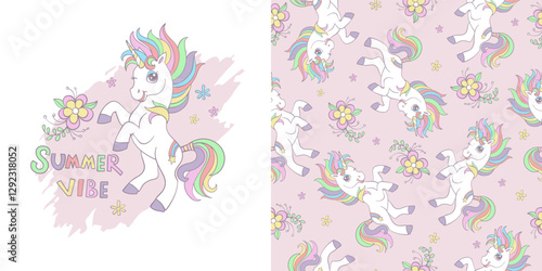 Set with cute cartoon unicorn and background. Isolated character and seamless pattern. Vector illustration. For party, print, baby shower, wallpaper, design, design cushion, linen, dishes and clothes