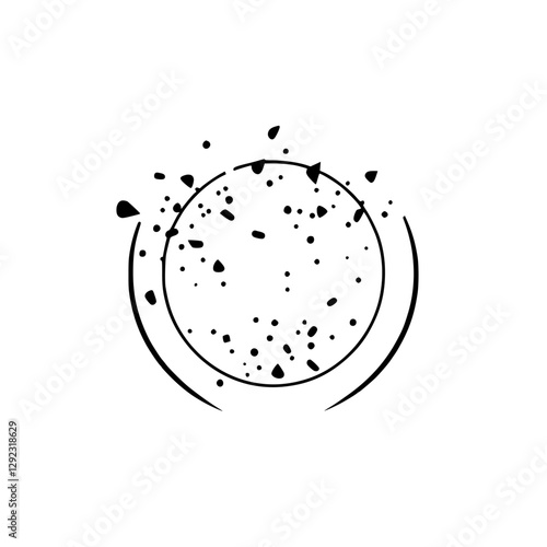Abstract, circular graphic of a sphere with a broken circle around it.