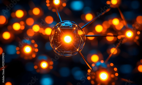 Futuristic glowing molecular network in dark space