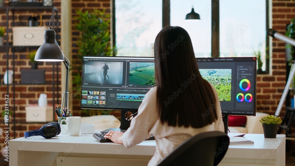 Asian woman uses advanced editing software in a modern office. Working on dual monitors for media creation and the cinematic video production process, creative studio. Camera B. Asian woman uses advanced editing software in a modern office. Working on dual monitors for media creation and the cinematic video production process, creative studio. Camera B.