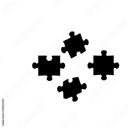 Four scattered black puzzle pieces on a white background, conveying a sense of complexity, and potential solutions.