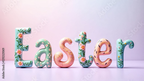 Colorful decorative letters spelling Easter are placed on a pastel background. The cheerful design features floral patterns and an inviting ambiance perfect for festive celebrations