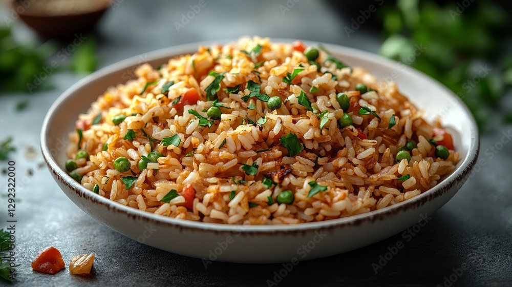 On a tiny white plate, arrange golden brown rice, brown lentils, and a fried chopped onion. On a tiny white plate, arrange golden brown rice, brown lentils, and a fried chopped onion.