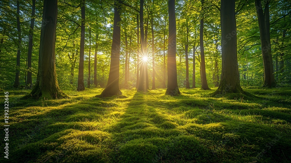 Obraz premium Sun rays illuminating a lush green forest floor with moss.