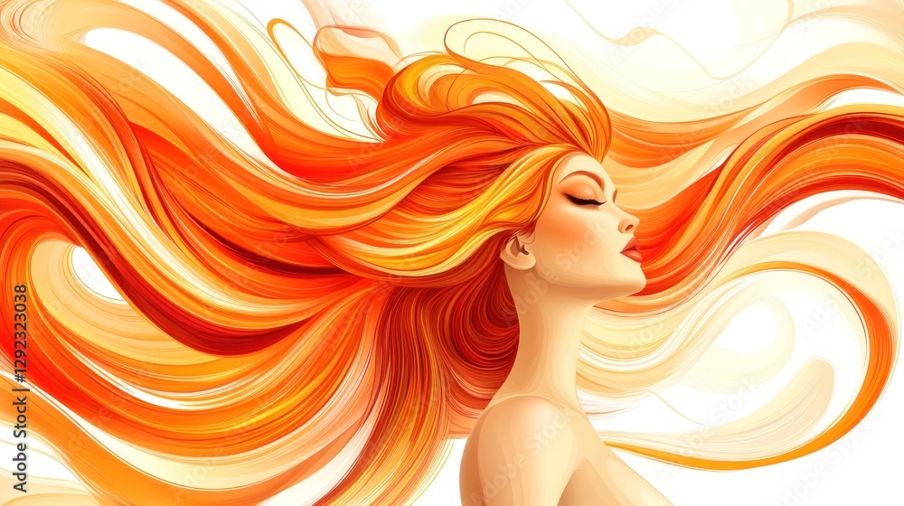 Woman, fiery hair, flowing, profile, white background, beauty Woman, fiery hair, flowing, profile, white background, beauty