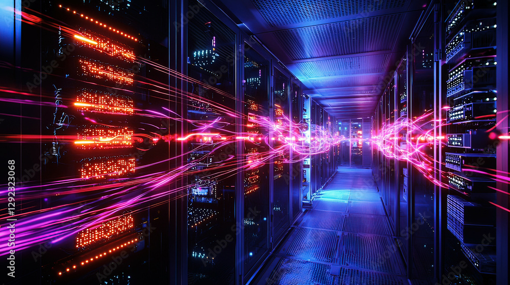 Fototapeta premium Quantum internet hubs glowing with light streams, transferring secure quantum data between global circuits