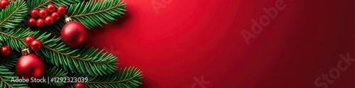 Red and green banner with classic ornaments, berries, and pine , ribbon, snowman, elegant