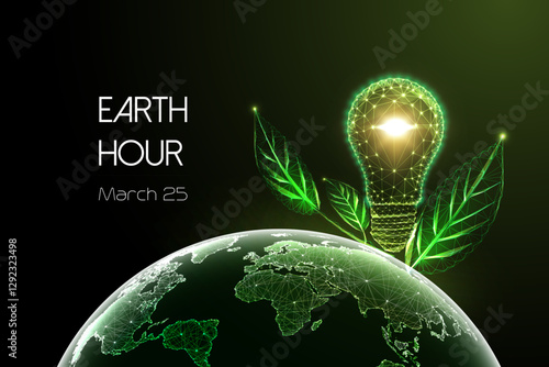 Earth Hour Concept web banner with Glowing Green Lightbulb and Planet Earth. Sustainable energy