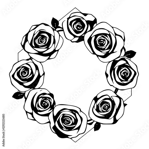 Wreath of Roses: Black and white rose frame, in a stylized vector style.