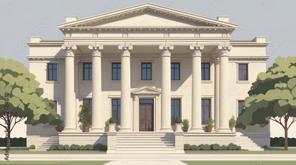 Fototapeta premium Neoclassical Mansion Exterior, Grand Entrance, Columns, Architecture, Home Facade, Residential