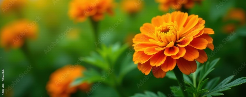 Vibrant marigold blooms, rich orange and yellow petals, lush green leaves , autumn, design Vibrant marigold blooms, rich orange and yellow petals, lush green leaves , autumn, design