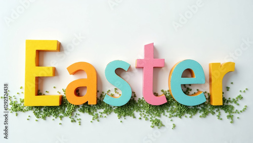 Colorful letters spelling Easter are placed on a bright surface, surrounded by greenery. The joyful display captures the essence of spring festivities in a clean and modern setting