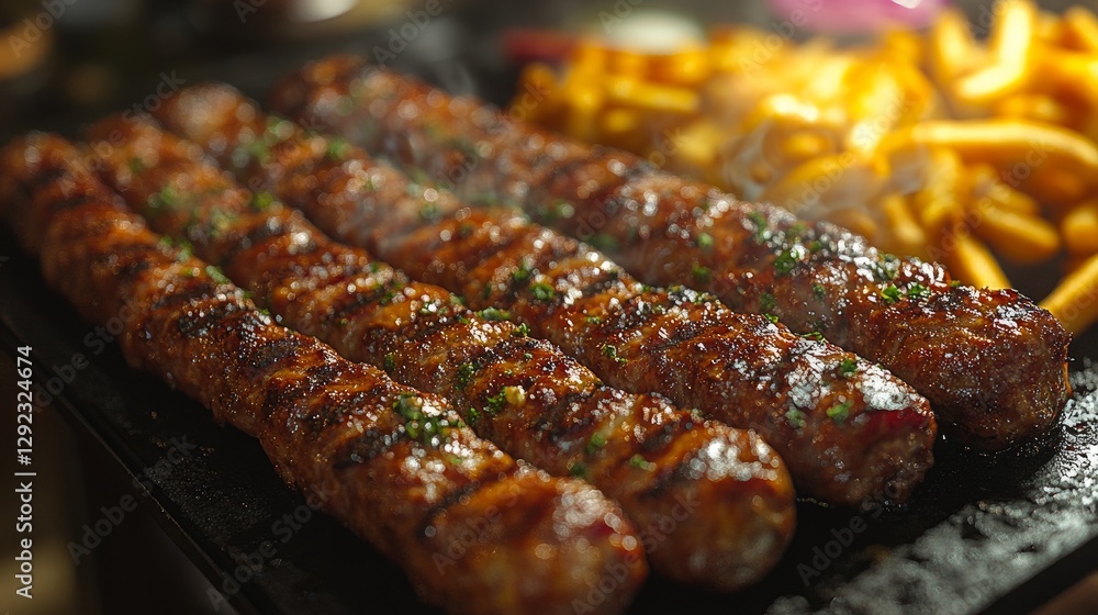 Everything is seen from above: a lovely and tasty kebab, ultra-rare kebab lamelle, a coté of good frites fraiche Everything is seen from above: a lovely and tasty kebab, ultra-rare kebab lamelle, a coté of good frites fraiche