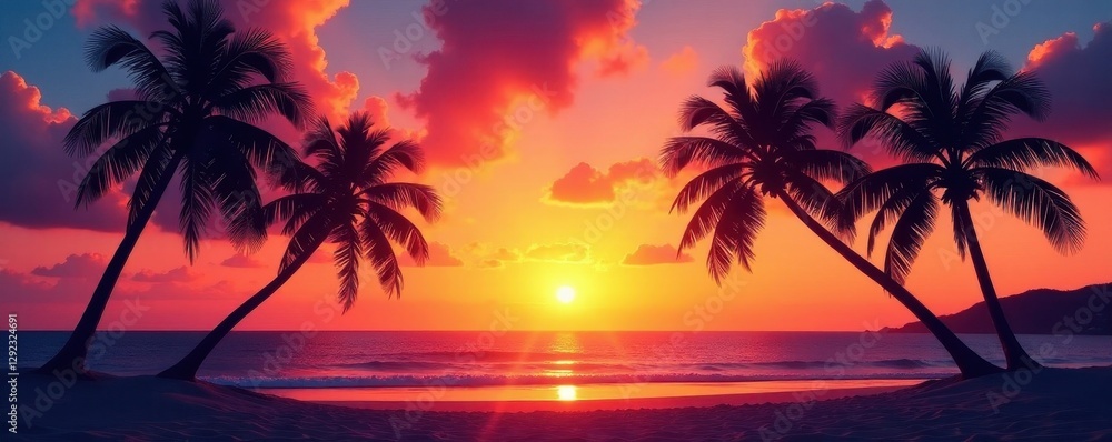 Obraz premium Silhouetted palms at sunset, tranquil ocean backdrop, sea, tropical landscape, palm tree silhouettes