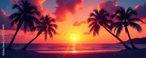 Silhouetted palms at sunset, tranquil ocean backdrop, sea, tropical landscape, palm tree silhouettes