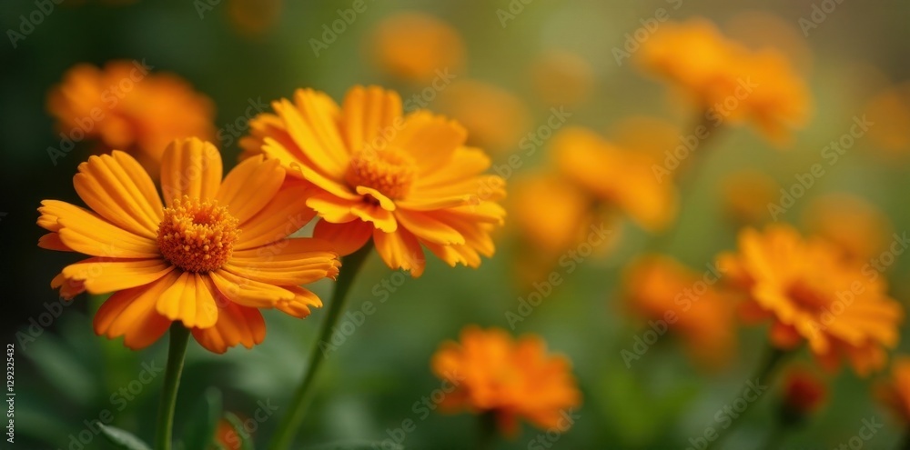 Vibrant orange calendula blossoms in full bloom , healing, closeup, flowerbed Vibrant orange calendula blossoms in full bloom , healing, closeup, flowerbed