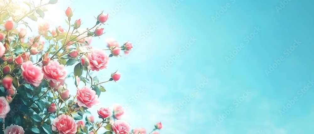 A stunning spring border features a blooming rose bush set against a blue backdrop, with flowering rose hips contrasting beautifully against the clear sky, all captured in a gentle selective focus. A stunning spring border features a blooming rose bush set against a blue backdrop, with flowering rose hips contrasting beautifully against the clear sky, all captured in a gentle selective focus.