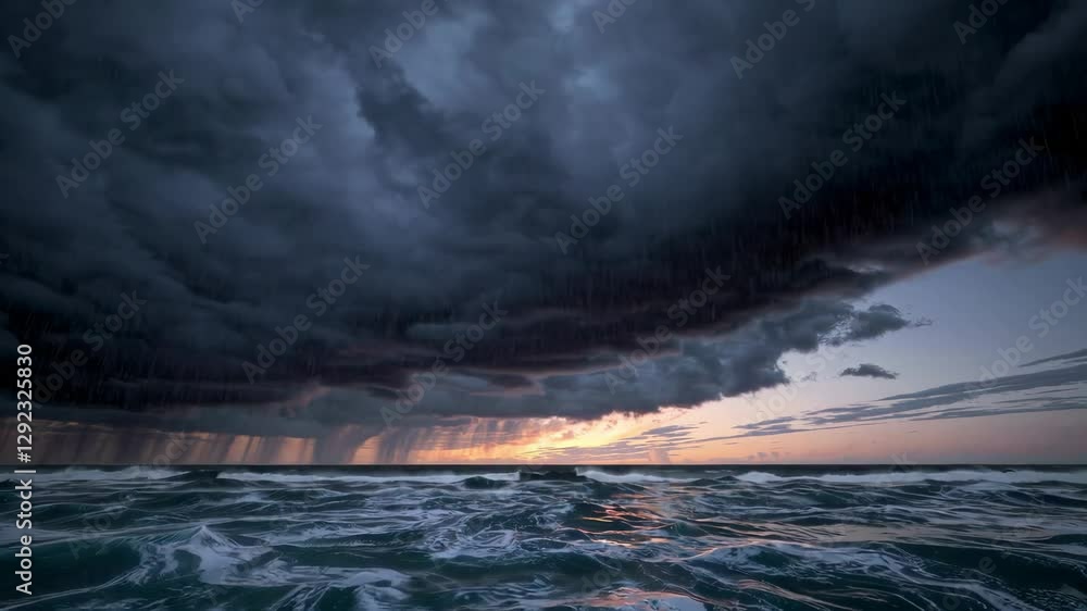Thunderstorm over turbulent ocean with dark clouds and setting sun casting dramatic light. Nature power and stormy weather concept Thunderstorm over turbulent ocean with dark clouds and setting sun casting dramatic light. Nature power and stormy weather concept