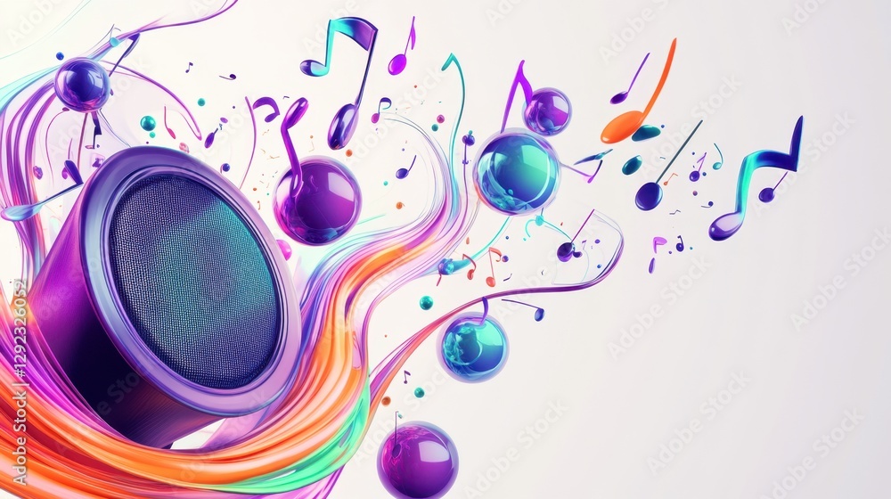 Fototapeta premium Vibrant Illustration of a Speaker Surrounded by Colorful Musical Notes and Vibrant Waves