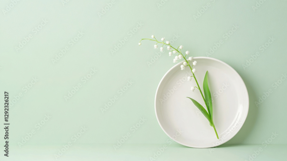 Blooming simplicity: minimalist lily of the valley on white plate against pastel background Blooming simplicity: minimalist lily of the valley on white plate against pastel background