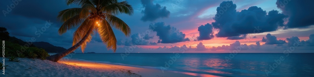 Fototapeta premium Lonely palm draped in twinkling lights, sandy beach, tropical island paradise , paradise, Hawaii, tropical island
