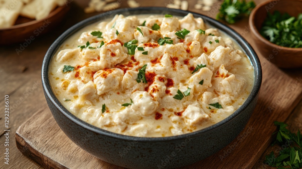 Creamy Chicken Dip in Bowl, Wooden Background, Appetizer, Ready to Serve Creamy Chicken Dip in Bowl, Wooden Background, Appetizer, Ready to Serve