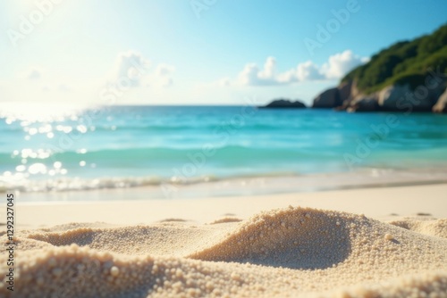 Fine sand, hazy ocean backdrop Sunny summer beach scene , golden, calm, ocean