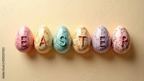 Colorful eggs are arranged in a row with letters spelling Easter. The eggs have unique marbled designs and sit on a soft beige background. This festive arrangement is ideal for holiday promotions