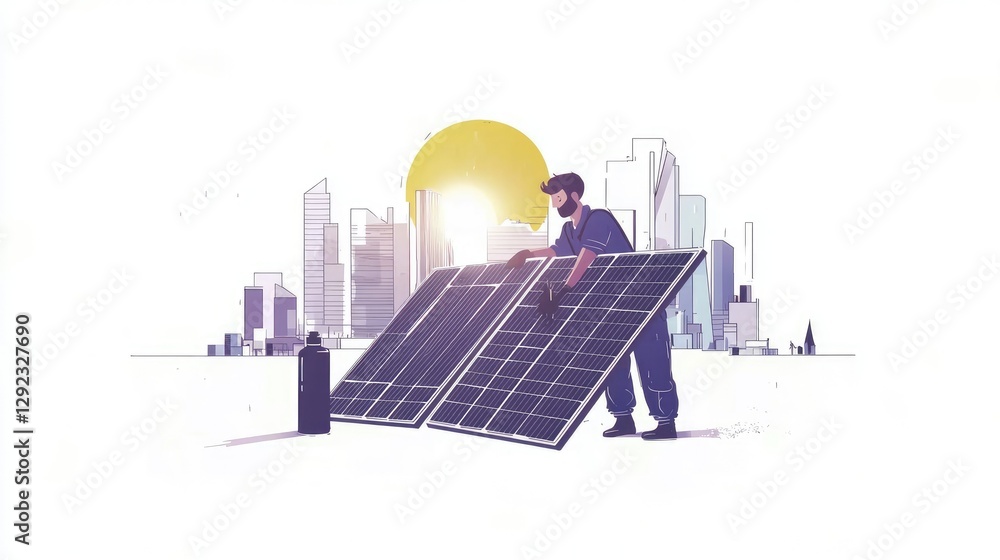 Naklejka premium Worker installs solar panels in city