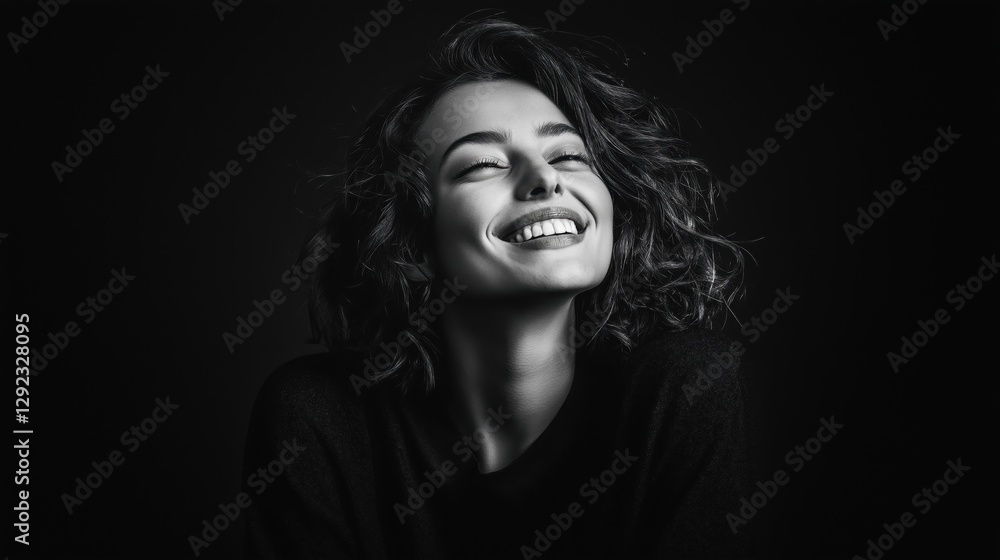 Smiling woman with curly hair in a black and white portrait. Smiling woman with curly hair in a black and white portrait.