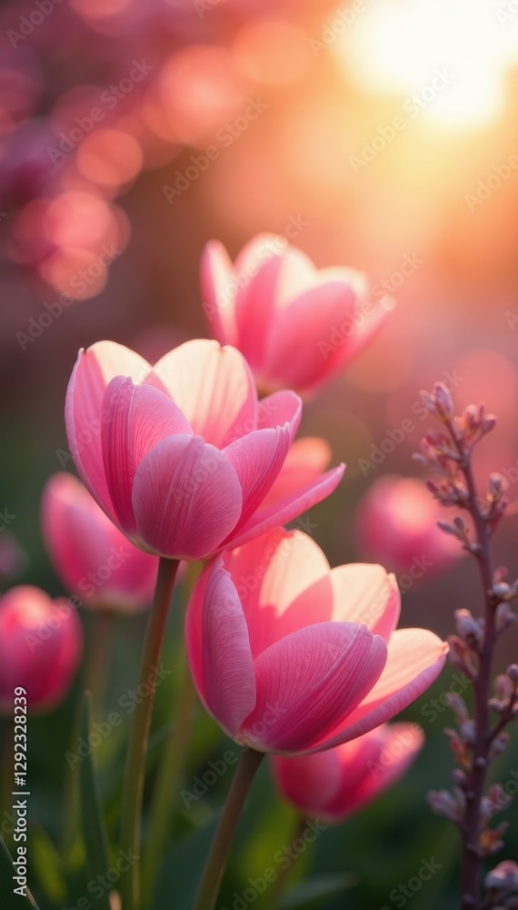 Obraz premium Soft pink flowers opening in warm spring sunlight , soft, growth, pink