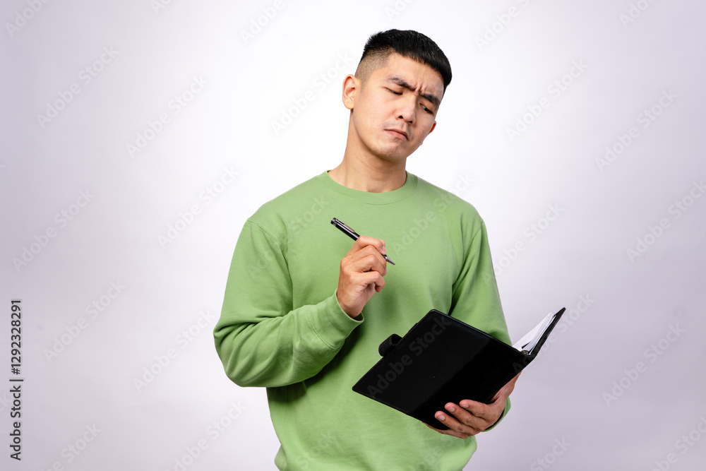 An Asian man in a green sweater is thinking while holding a pen near his chin and a black notebook in his other hand against a plain white background. His facial expression shows deep thought