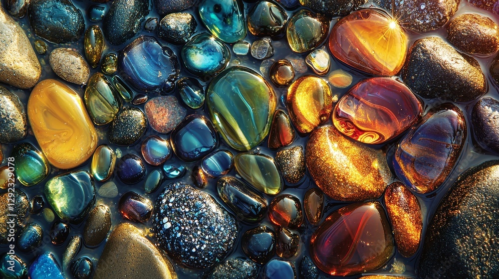 Overhead shot of polished sea glass and gemstones, smooth textures, wet beach pebbles in rich tones, sparkling reflections under bright sunlight, vivid colors, high contrast Overhead shot of polished sea glass and gemstones, smooth textures, wet beach pebbles in rich tones, sparkling reflections under bright sunlight, vivid colors, high contrast