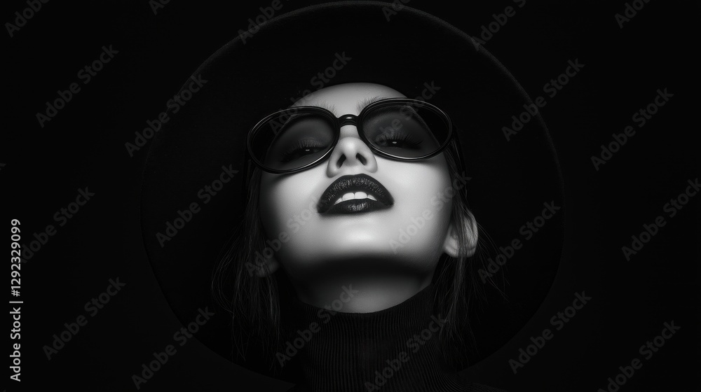 Elegant woman in sunglasses and hat against a dark background. Elegant woman in sunglasses and hat against a dark background.