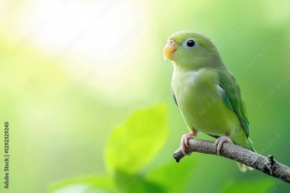 Fototapeta premium A small green bird sitting on a branch with a blurred green background.