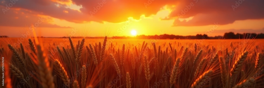 Bio-enhanced wheat field glows under fiery sunset , rural landscape, bioluminescence Bio-enhanced wheat field glows under fiery sunset , rural landscape, bioluminescence
