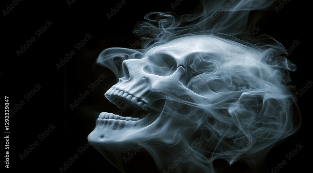 Fototapeta premium A detailed skull surrounded by swirling smoke on a black background.