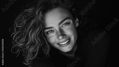 Smiling woman with curly hair in a black and white portrait.